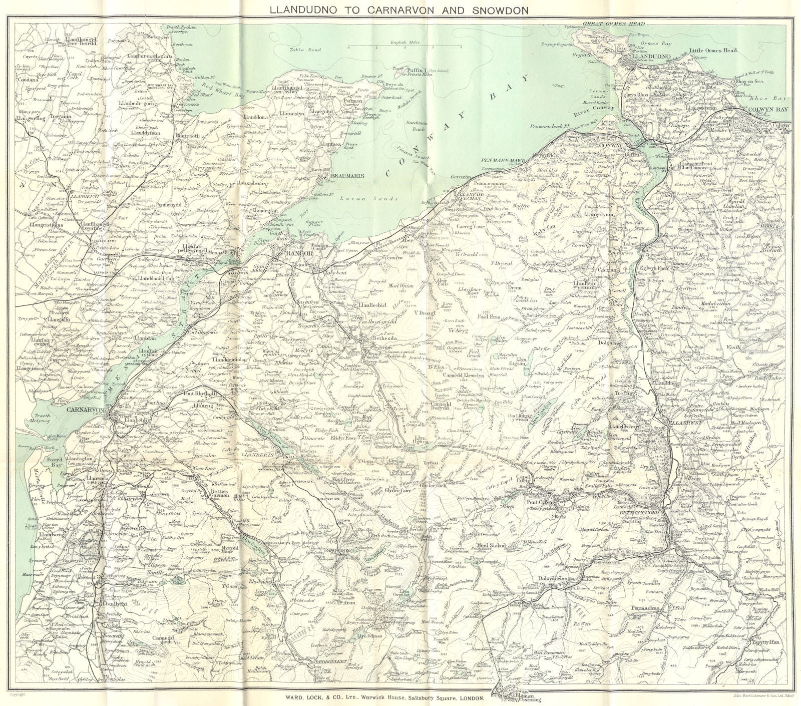WALES. Llandudno to Caernarvon and Snowdon. WARD LOCK 1924 old antique map